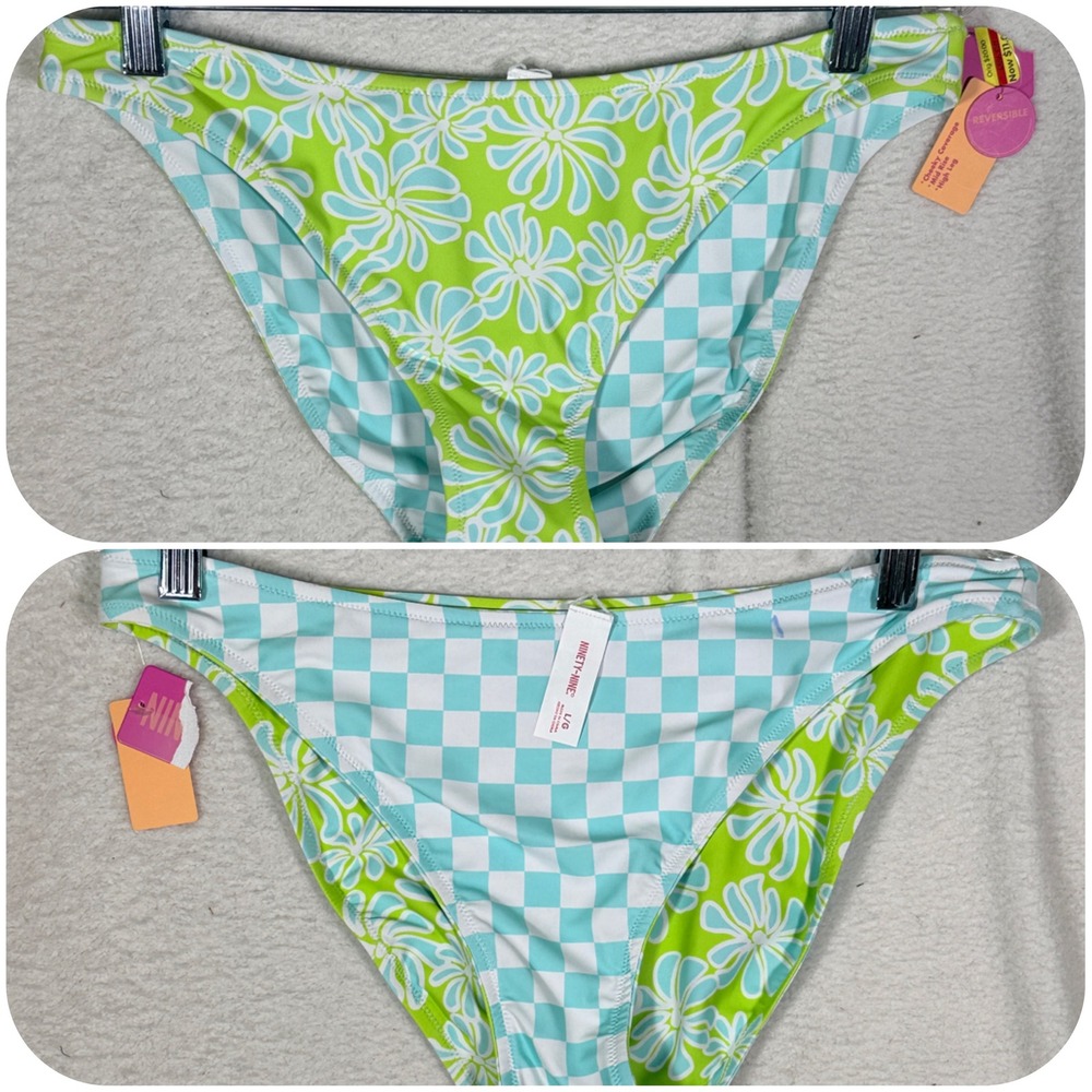 Ninety-Nine Reversible Bikini Bottoms Teal Checkered Lime Floral NN44S004RP‎ L